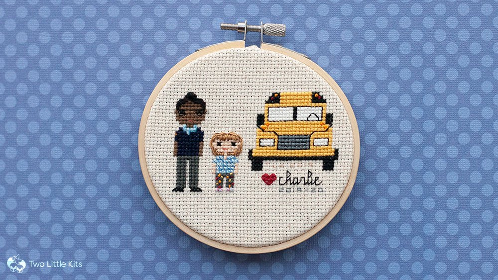 Cross-stitch finished piece: A bus driver and one of her school kids, in-front of a school bus front