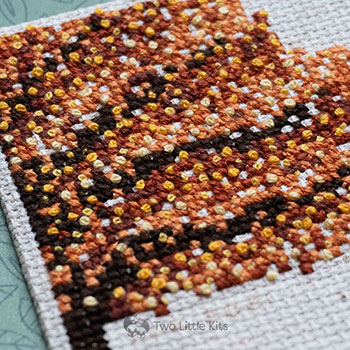 Close-up of cross-stitches and french knots