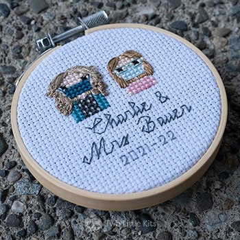 Mrs Bower and Charlie, both cross-stitched wearing face masks in a stitch people style.