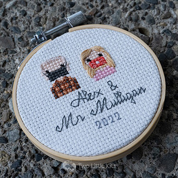 Mr Mulligan and Alex, both cross-stitched wearing face masks in a stitch people style.