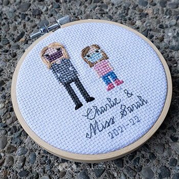 Miss Sarah and Charlie, both cross-stitched wearing face masks in a stitch people style.