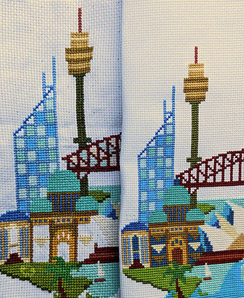 Two views of the same area of a cross-stitch pattern, showing the difference between the two sizes.