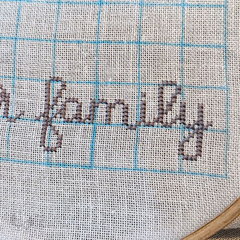 Early stitching WIP of the rush order. You can see the 10x10 grid drawn on in blue and the word 