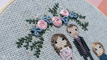 A close-up photograph focusing on a large banner of floral hand embroidery work. There are 4 pale-blue flowers and three pastel-pink flowers. Surrounding them is branches of leaves and sweet yellow dots.