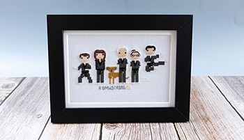 The completed, framed cross-stitch and embroidery stitch people portrait piece. It shows 5 people in black martial arts uniform with black belts (in varying degrees) and a brown dog. Two of the people are doing martial arts 'poses', the other three are standing normally