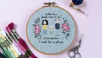 A beautiful, finished needlepoint of a family of three (mum, son and dad) with wording at the top and bottom and hand embroidered, pink flowers on the left and right of the people.