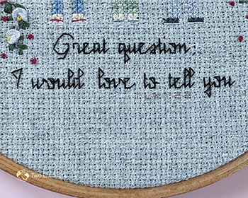 A close-up photograph of backstitched wording that says “Great question; I would love to tell you”. You can also see the feet of the family of three and the stitched signature of the artist: Two Little Kits