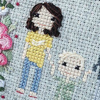 A close-up photograph of a mum and young son done in cross-stitch with hand embroidered elements.