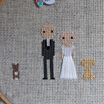 Early stages of a commissioned stitch people wedding portrait that currently has two people, a cat and a dog. There is room for another dog.