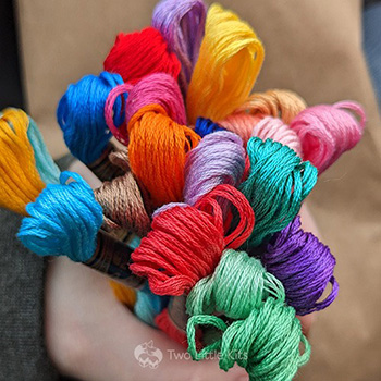 A hand holding a bundle of DMC floss skiens. It is an assortment of very bright colours. There are about 20 of them.