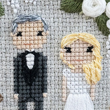 Close-up photo of the cross-stitched and hand-embroidered couple from the waist-up. The man has short, salt-and-pepper hair and the bride has long, blonde waves cascading down one shoulder. They are dressed in 'regular' wedding attire.