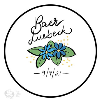 A digital illustration of a birth announcement with blue flowers
