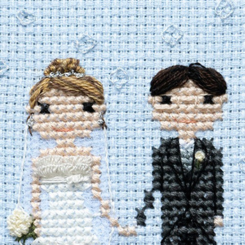 A photo of a cross-stitched bride and groom holding hands.