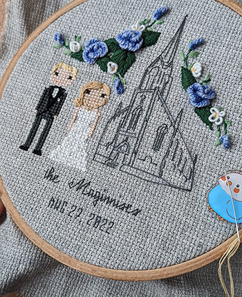 An almost-complete stitch people wedding portrait with florals and a church outline